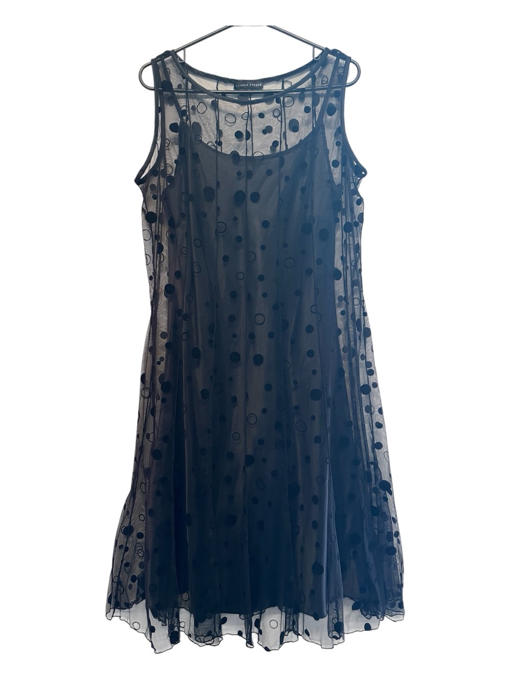 Vintage Y2K Sandra Darren Black Polka Dot Mesh Overlay Slip Midi Dress Size 14